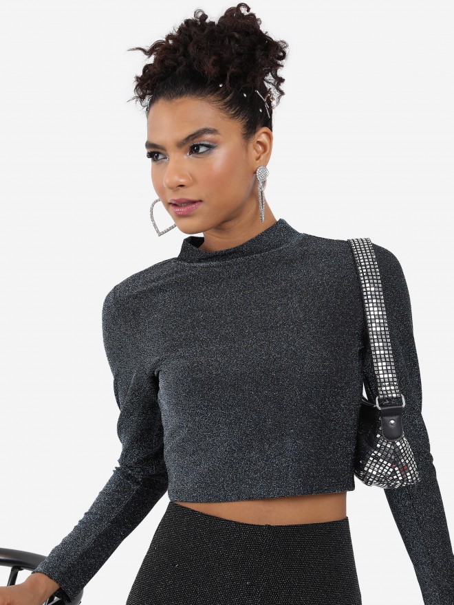 Buy Tokyo Talkies Black Blue Solid Shimmer Crop Top For Women Online At